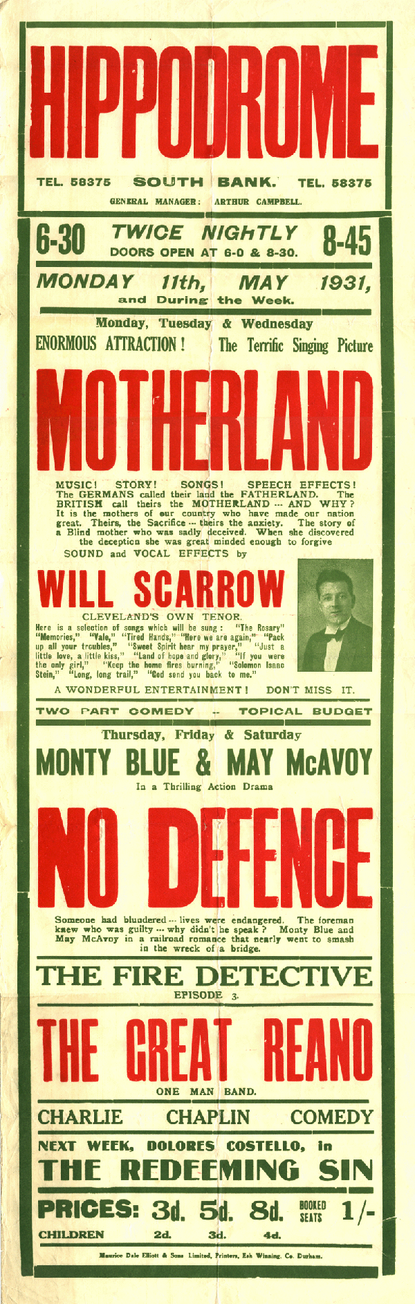 Billy Scarrow at Hippodrome, Middlesbrough 1931